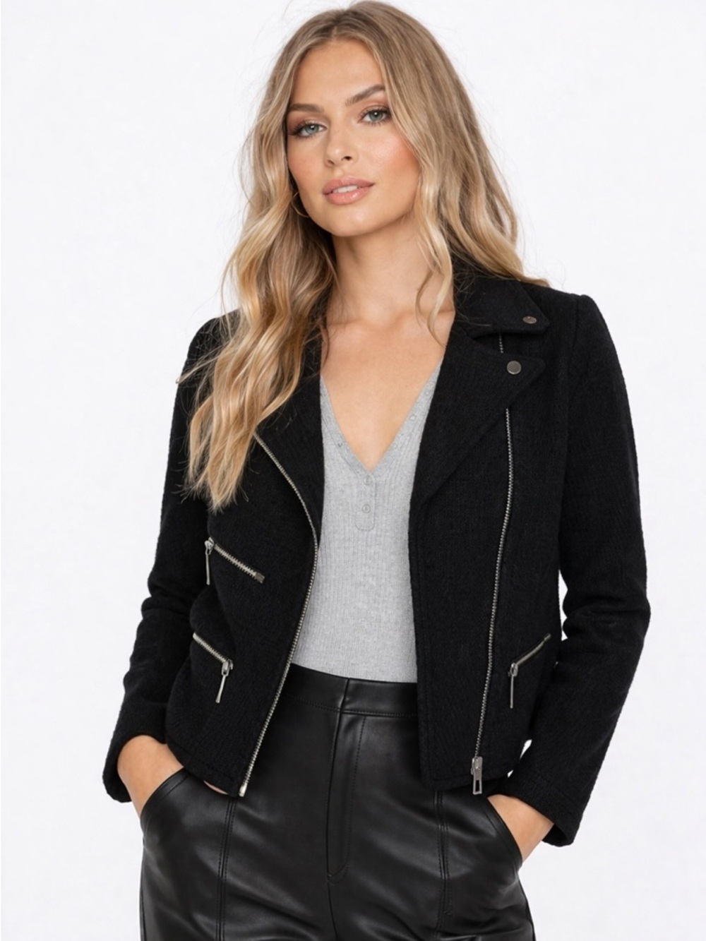 LISA INTERNATIONAL Black Moto Biker Wool Jacket Blazer Small